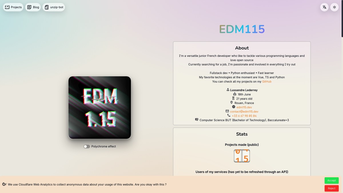 Screenshot of edm115.dev